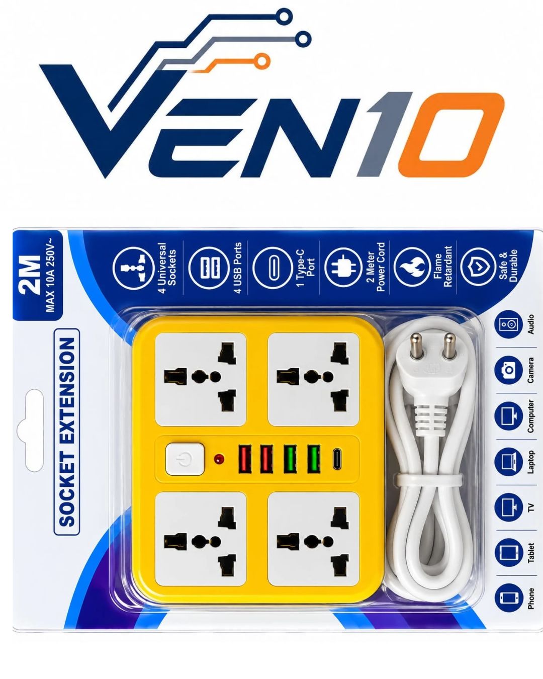 Multi-Functional Power Extension Board (4 Universal Sockets + 4 USB + 1 Type-C Port, 2M Cord)
